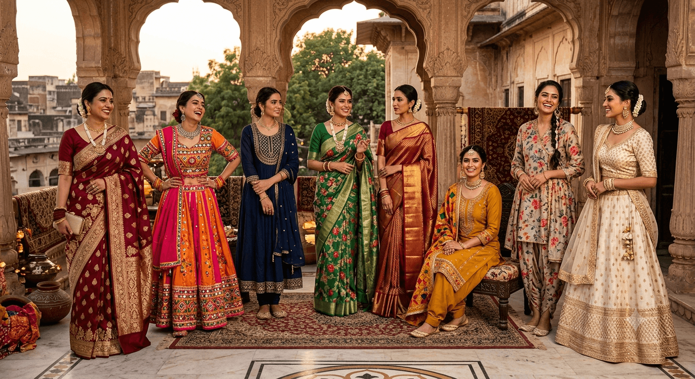 Models in traditional Indian attire, including anarkali suits, a saree, a lehenga, and a sherwani